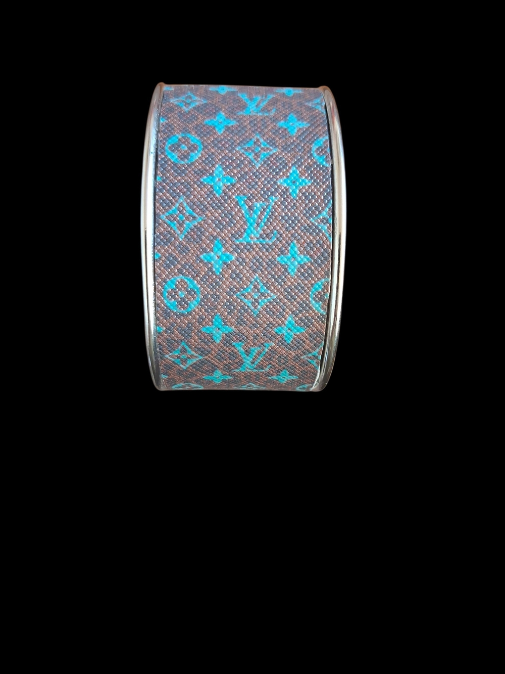 Designer Monogram Wide Cuff Bracelet in Turquoise on Brown